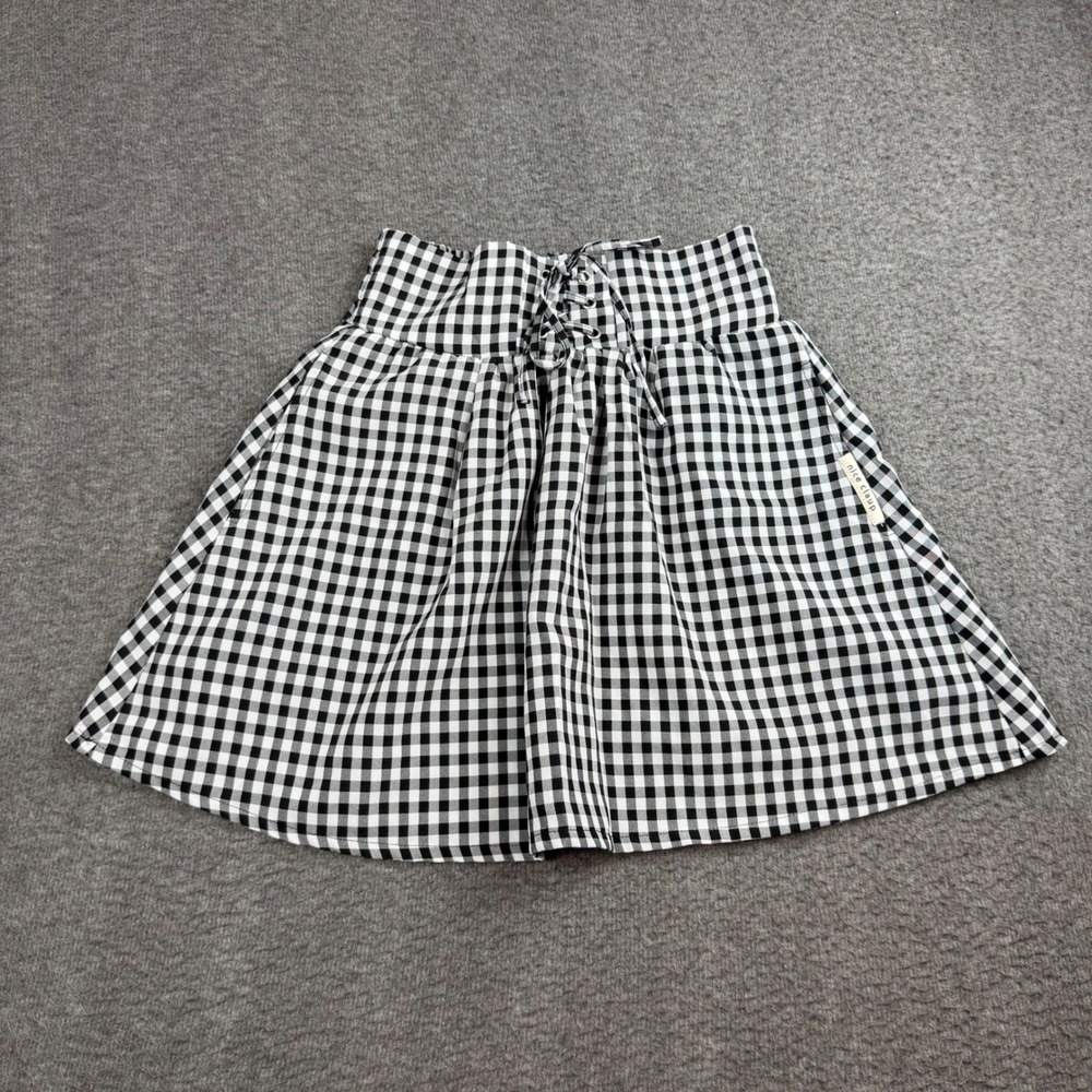 Nice Claup Mini Skirt Girls 150 Black Gingham Lace Up Waist A-Line Pocket